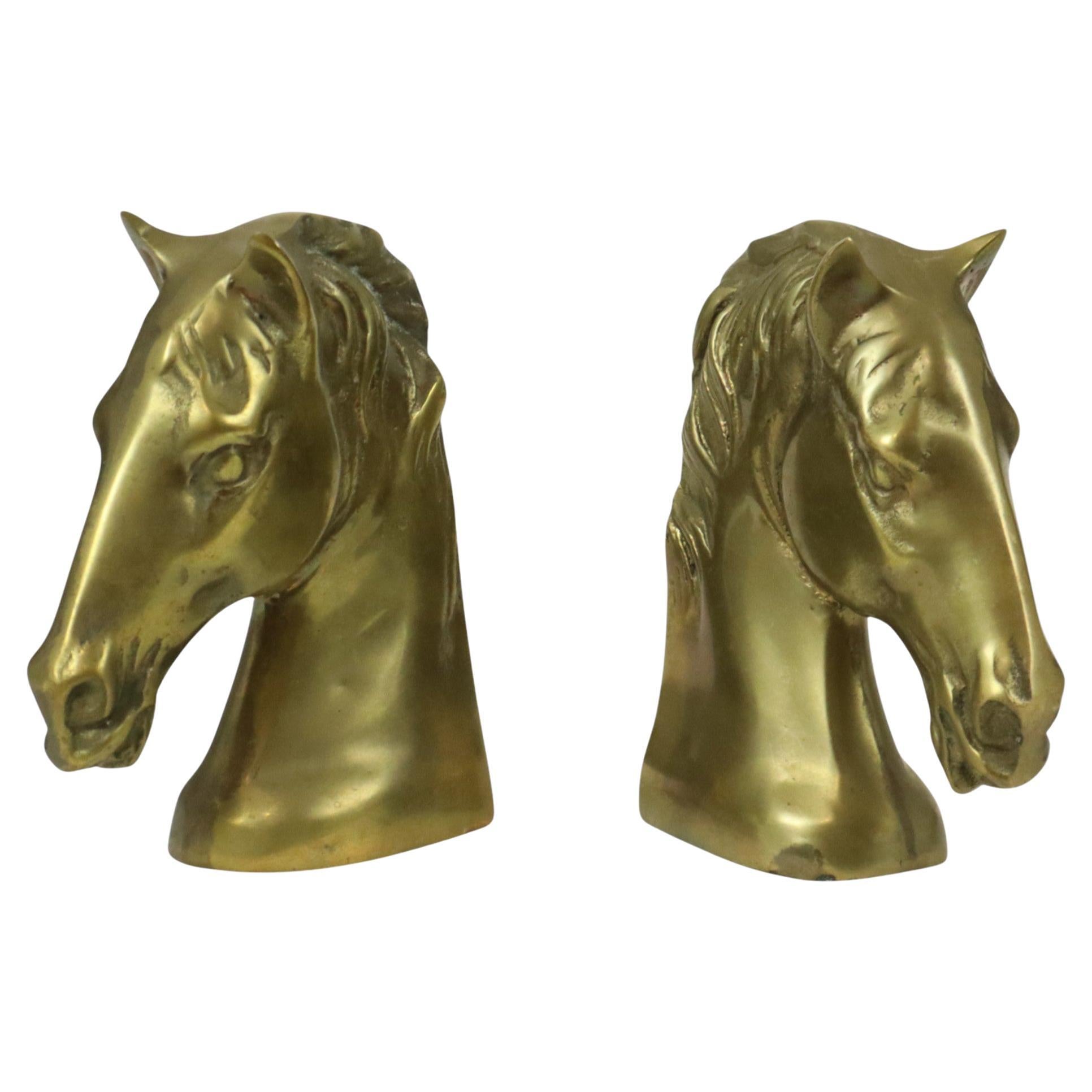 Vintage Pair Brass Bookends Horse Head Statues