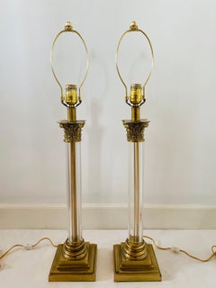 Vintage Pair Brass & Crystal Corinthian Neoclassical Lamps by Frederick Cooper