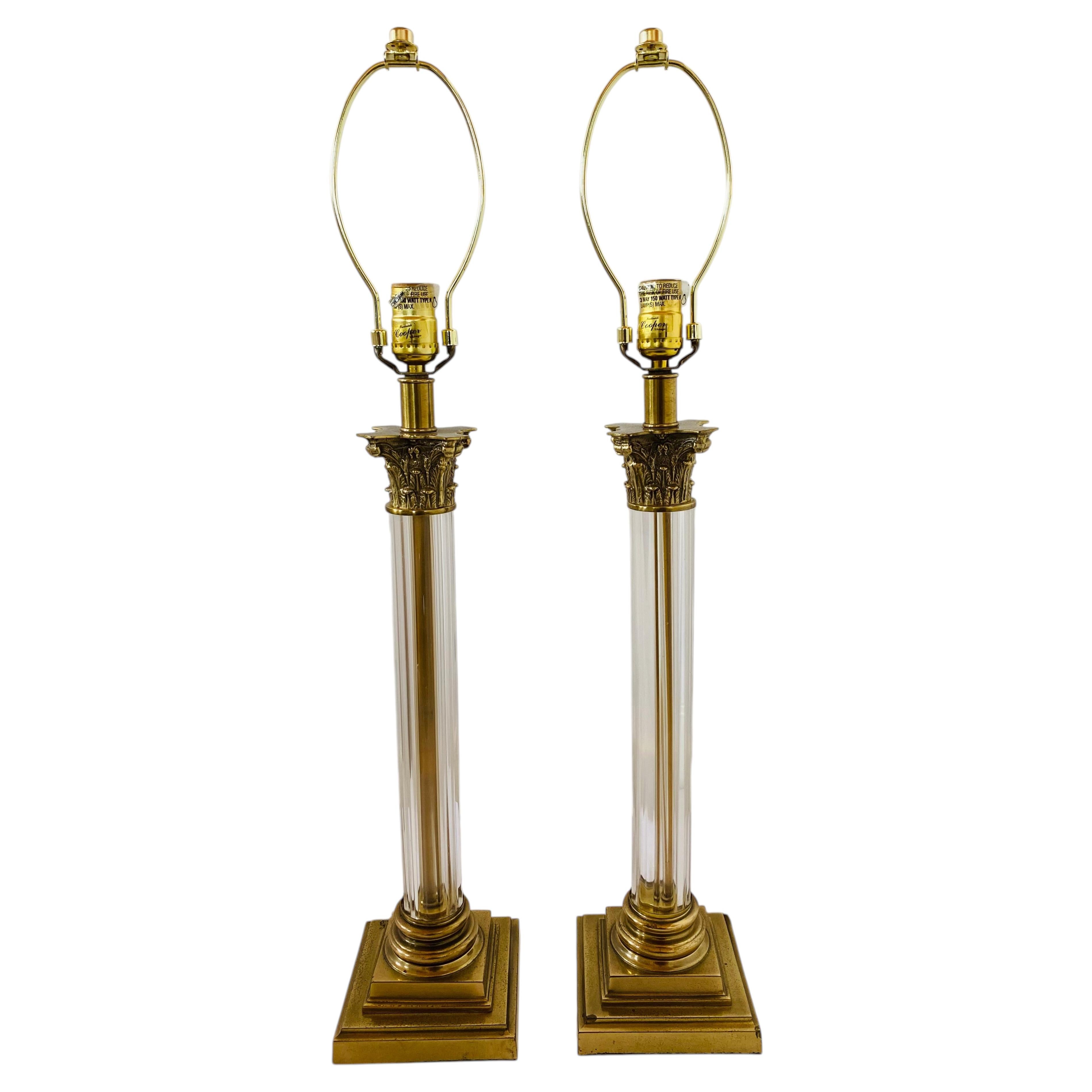 Vintage Pair Brass & Crystal Corinthian Neoclassical Lamps by Frederick Cooper
