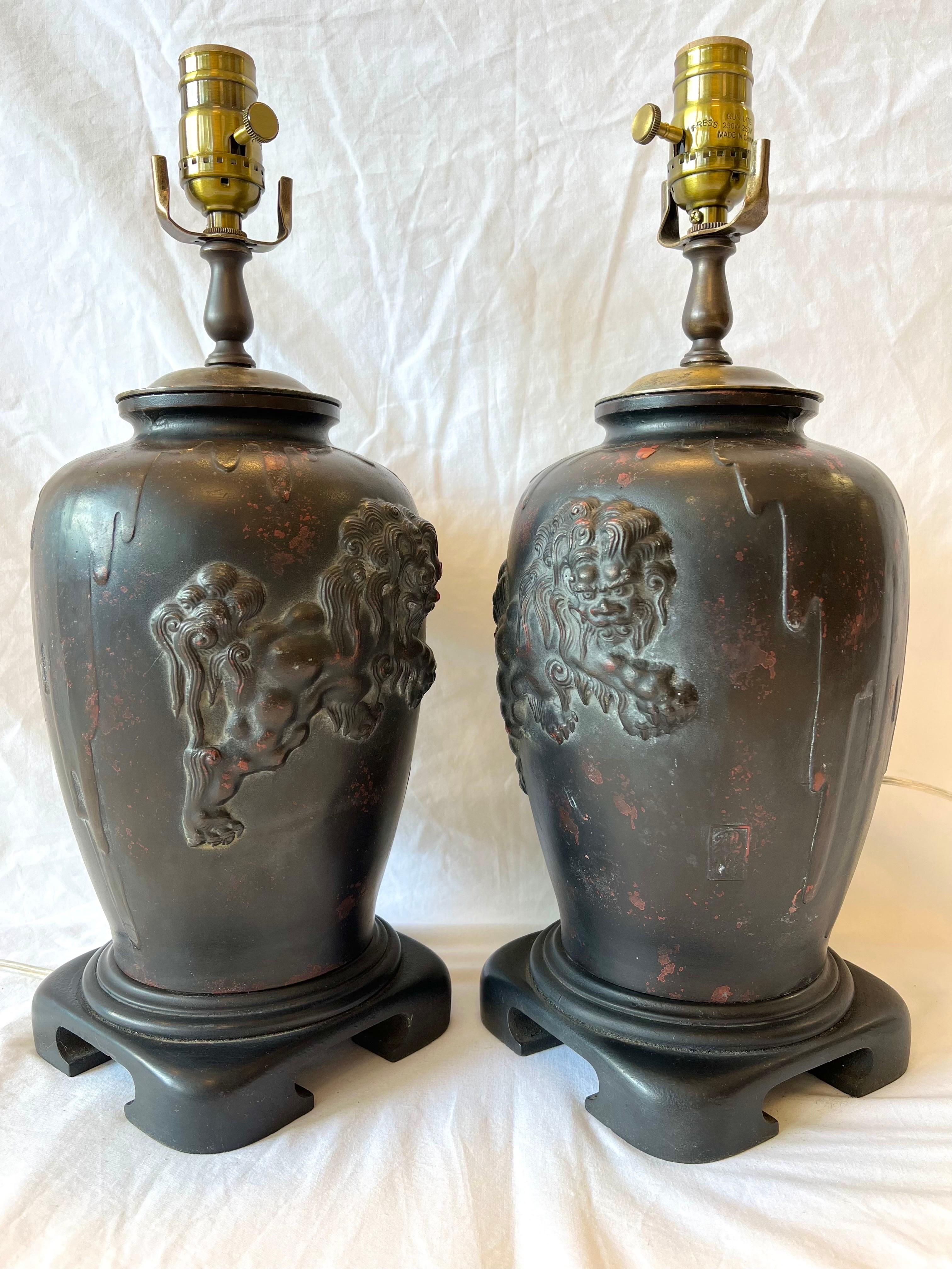 Vintage Pair Bronze Finished Asian Lamps with Lionized Shih Tzus or Foo Dogs 4