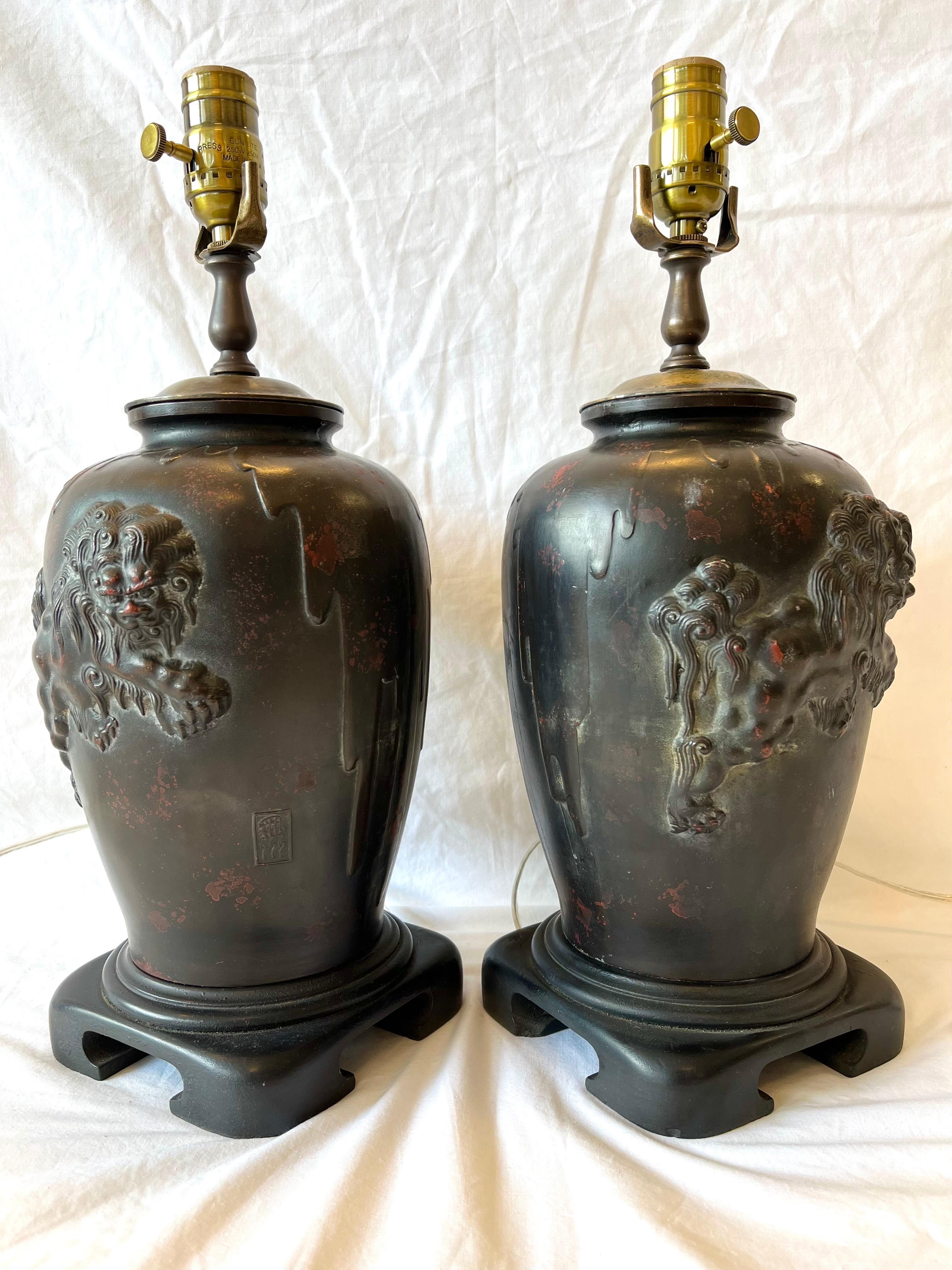 Vintage Pair Bronze Finished Asian Lamps with Lionized Shih Tzus or Foo Dogs 5