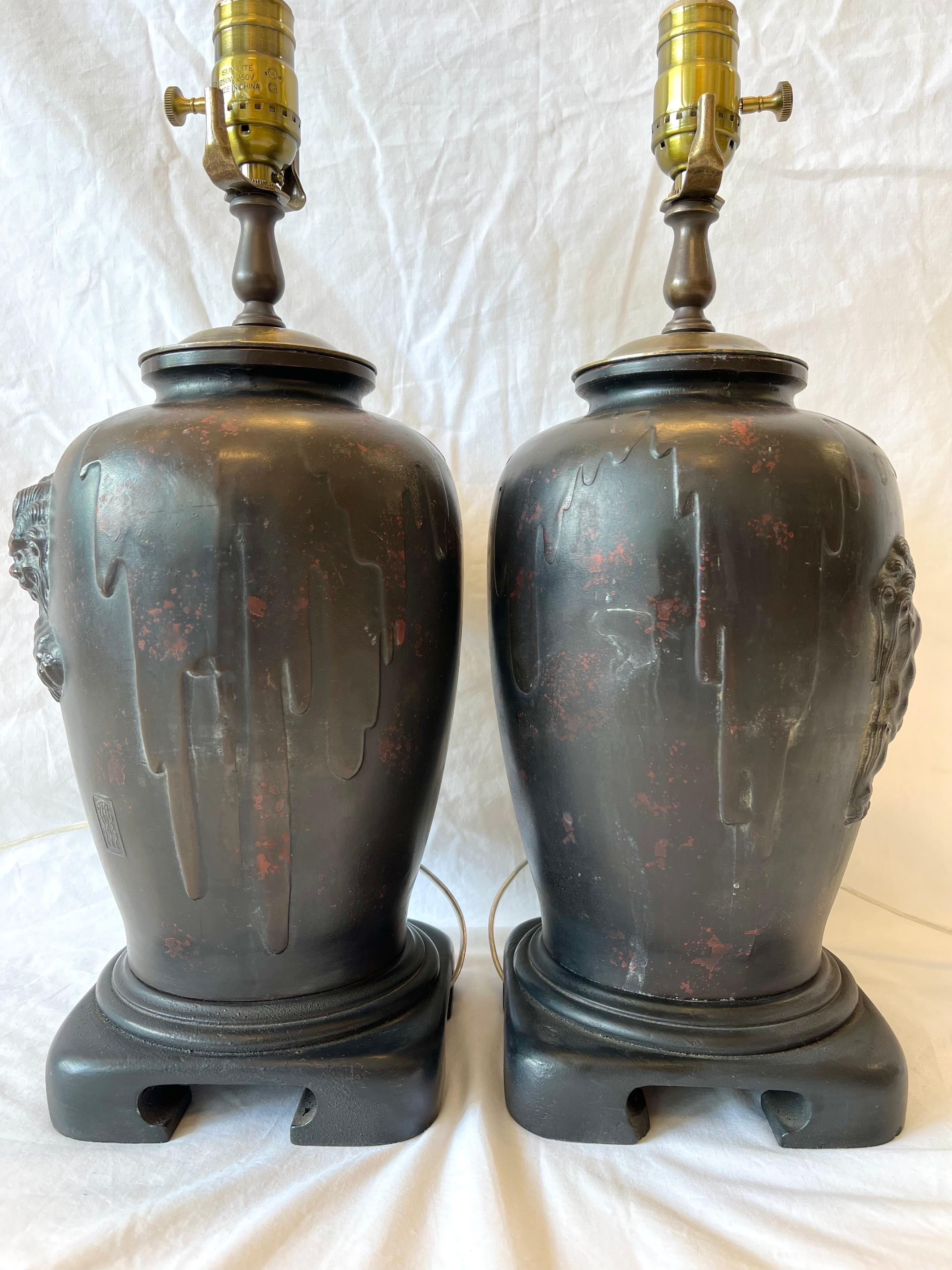 Vintage Pair Bronze Finished Asian Lamps with Lionized Shih Tzus or Foo Dogs 6