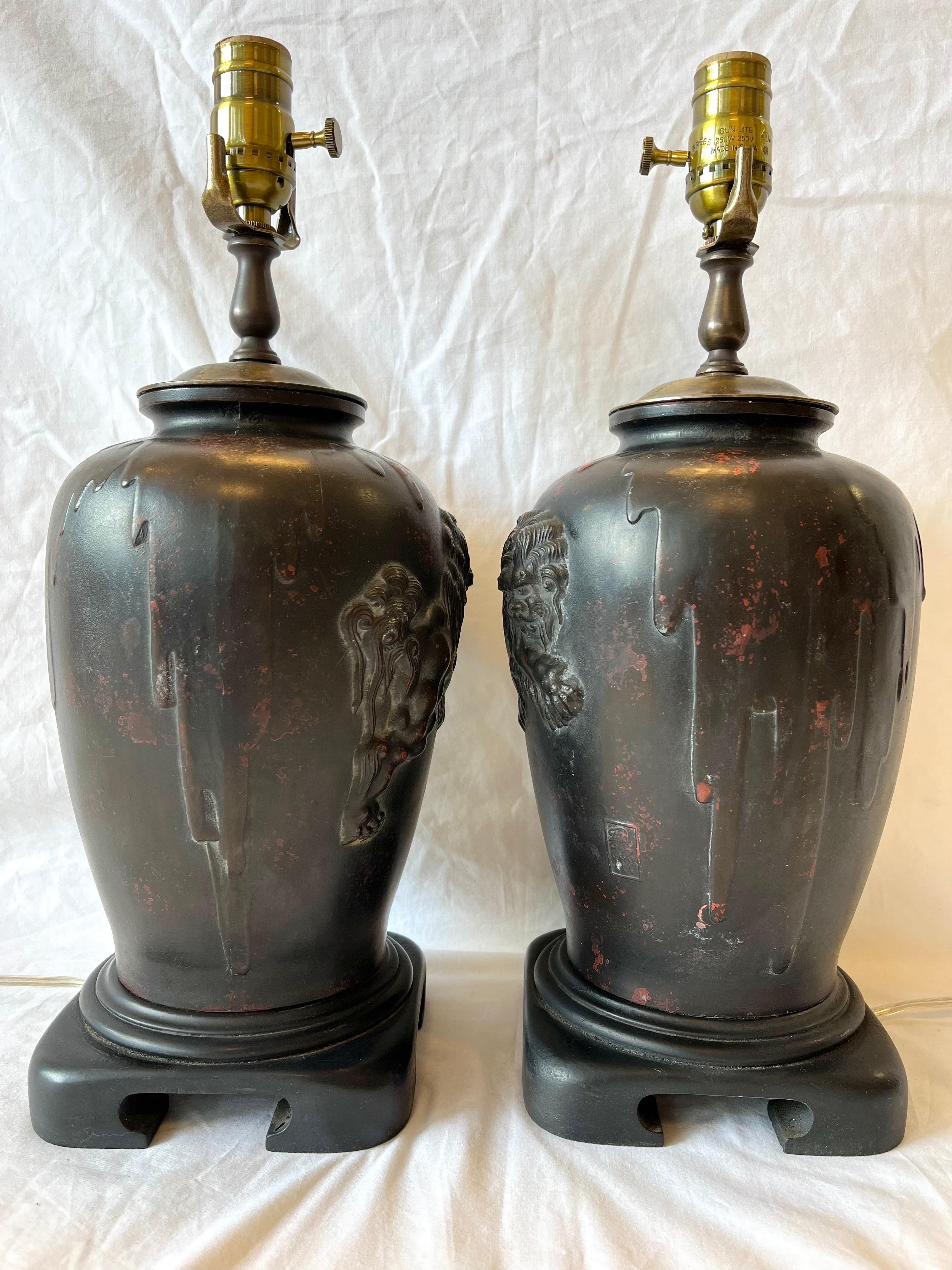 Vintage Pair Bronze Finished Asian Lamps with Lionized Shih Tzus or Foo Dogs 9