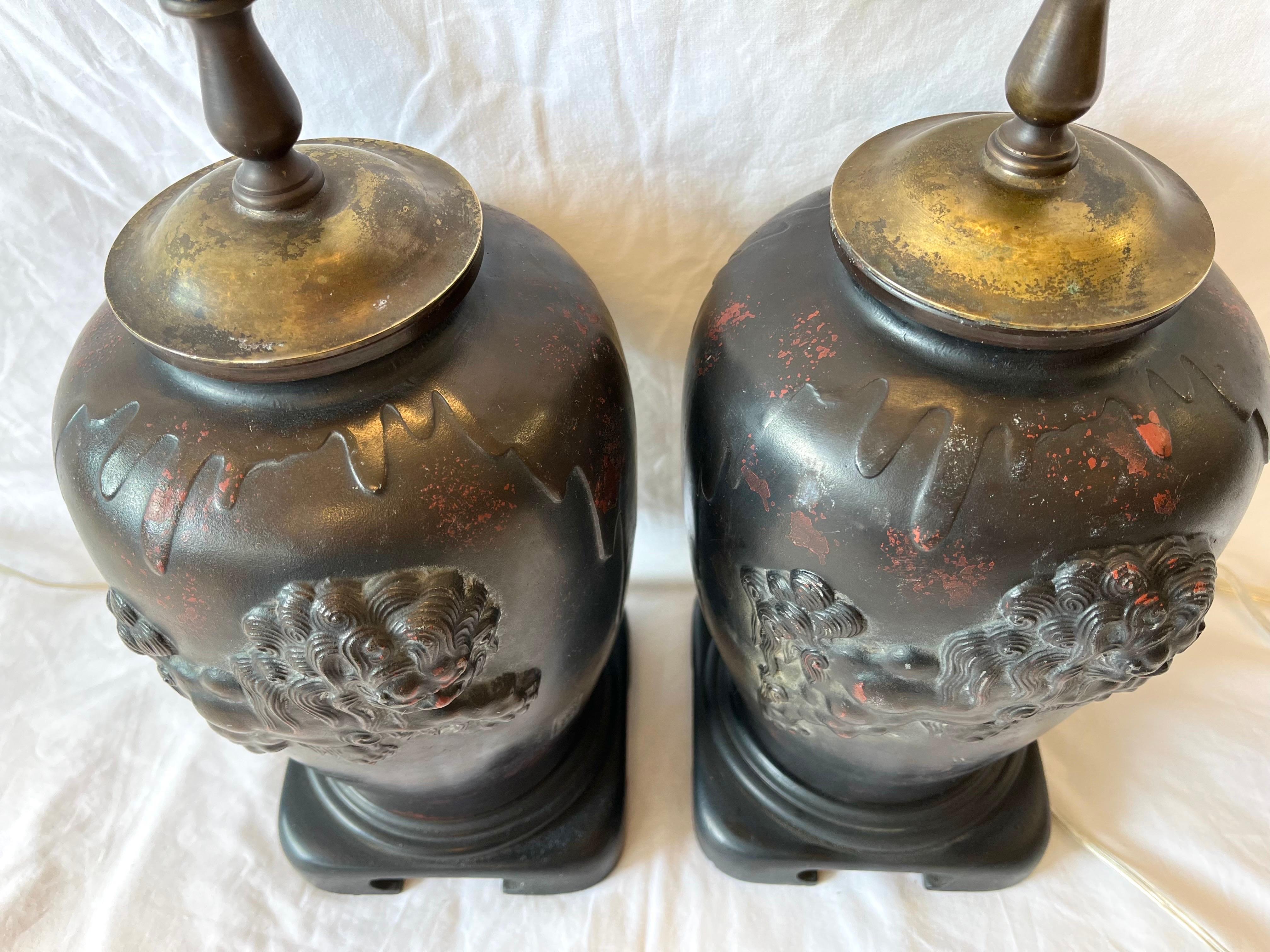 Vintage Pair Bronze Finished Asian Lamps with Lionized Shih Tzus or Foo Dogs 10