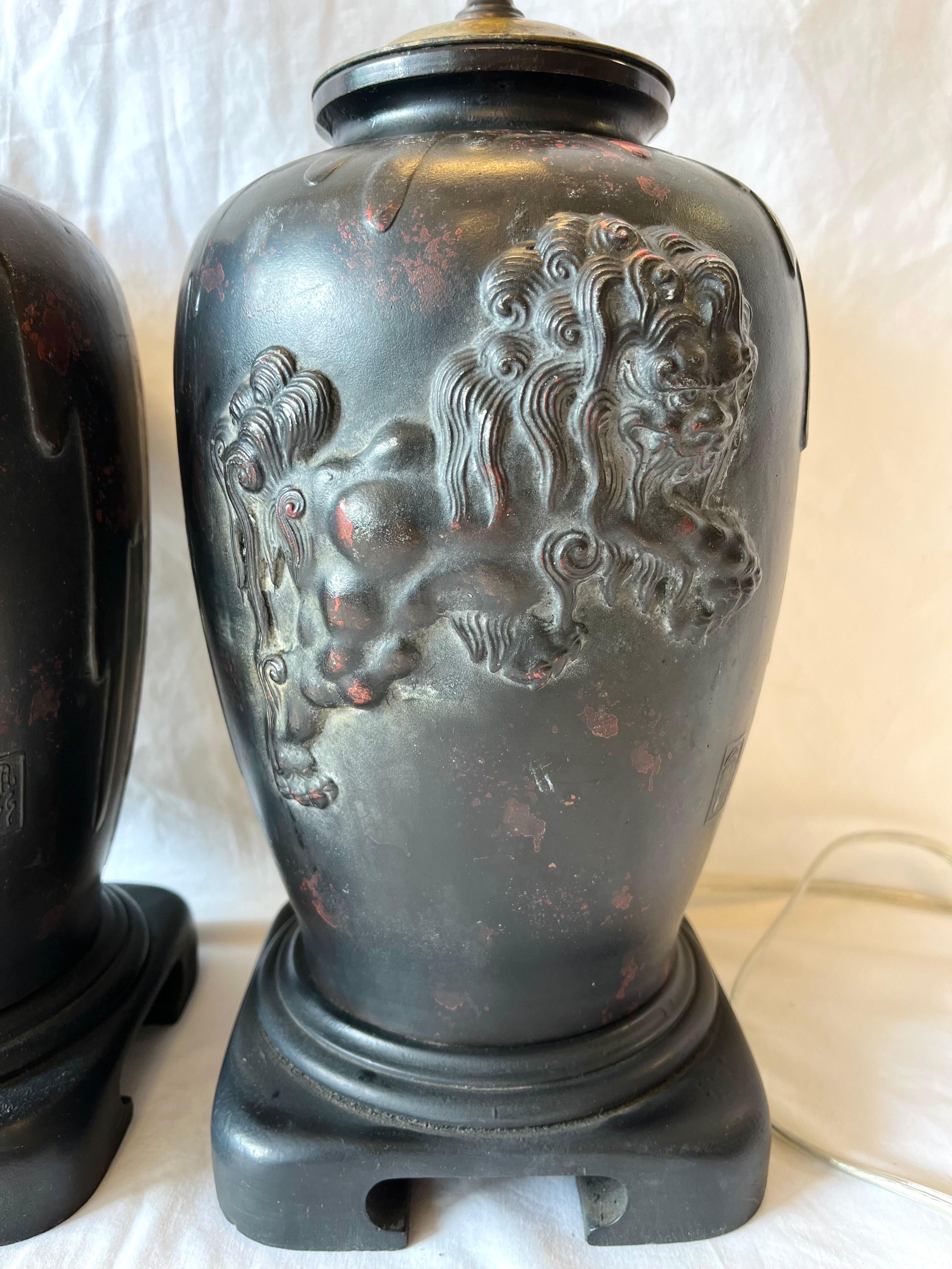 Vintage Pair Bronze Finished Asian Lamps with Lionized Shih Tzus or Foo Dogs 13
