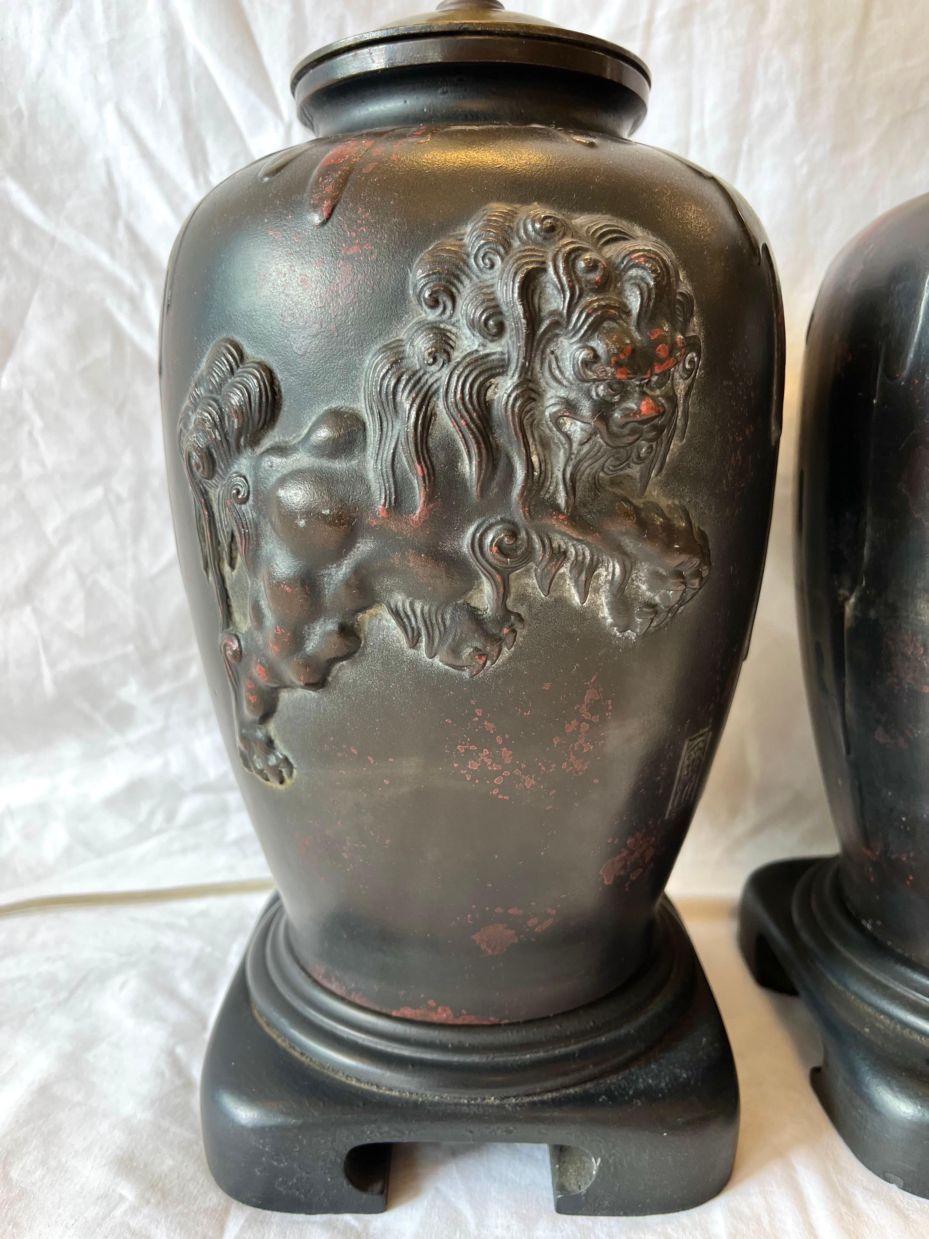 Vintage Pair Bronze Finished Asian Lamps with Lionized Shih Tzus or Foo Dogs 14