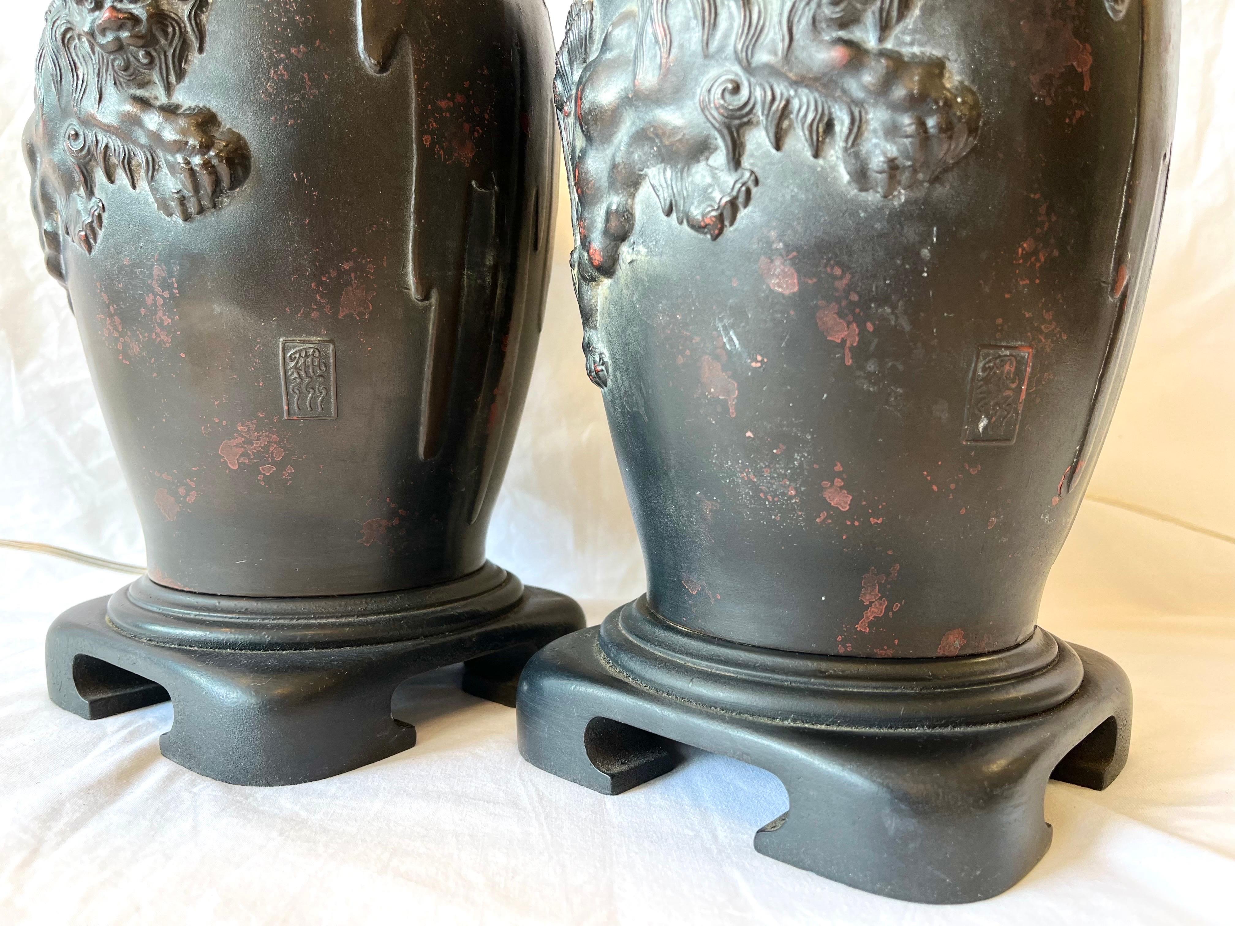 Vintage Pair Bronze Finished Asian Lamps with Lionized Shih Tzus or Foo Dogs In Good Condition In Atlanta, GA