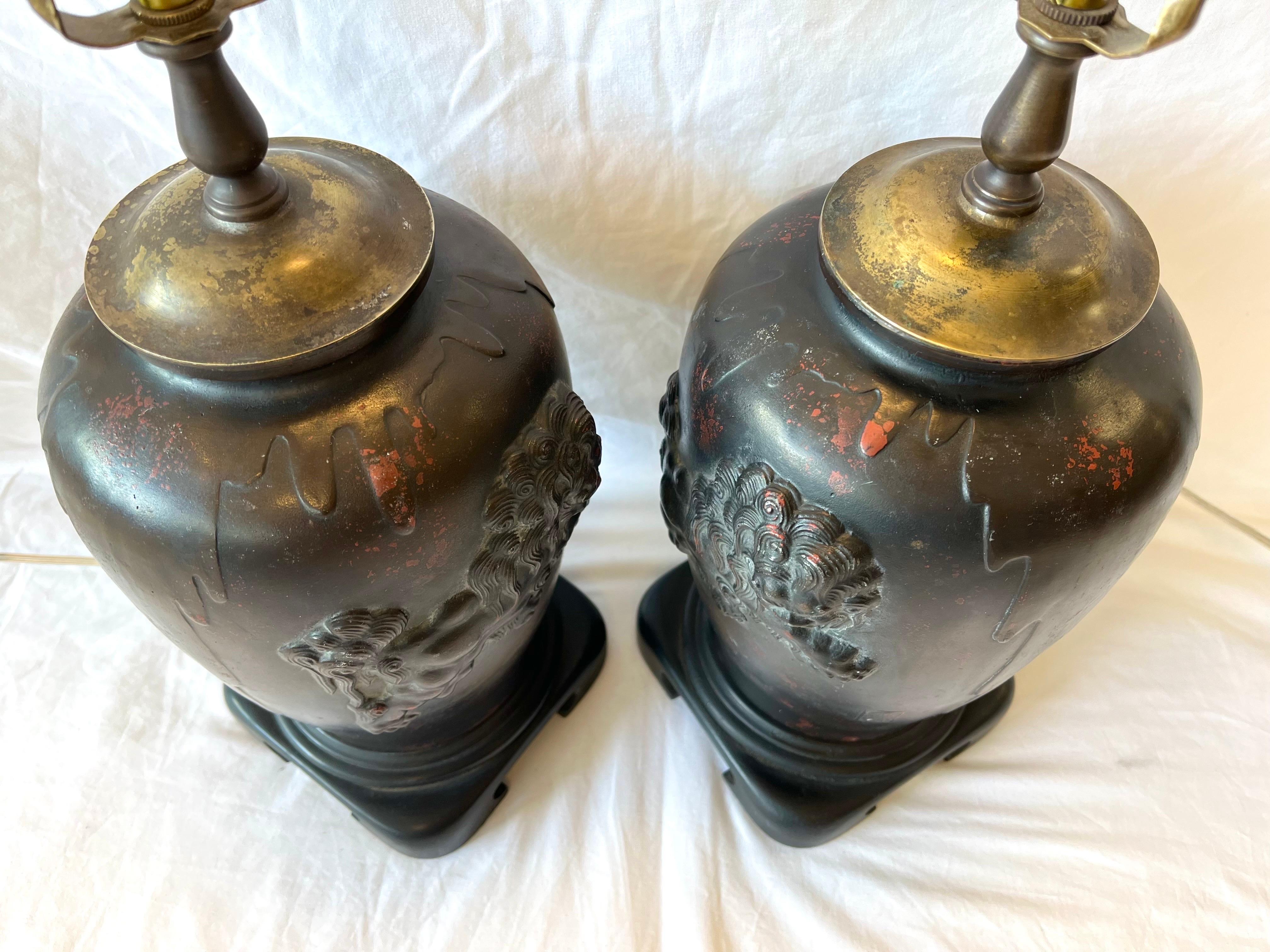 20th Century Vintage Pair Bronze Finished Asian Lamps with Lionized Shih Tzus or Foo Dogs