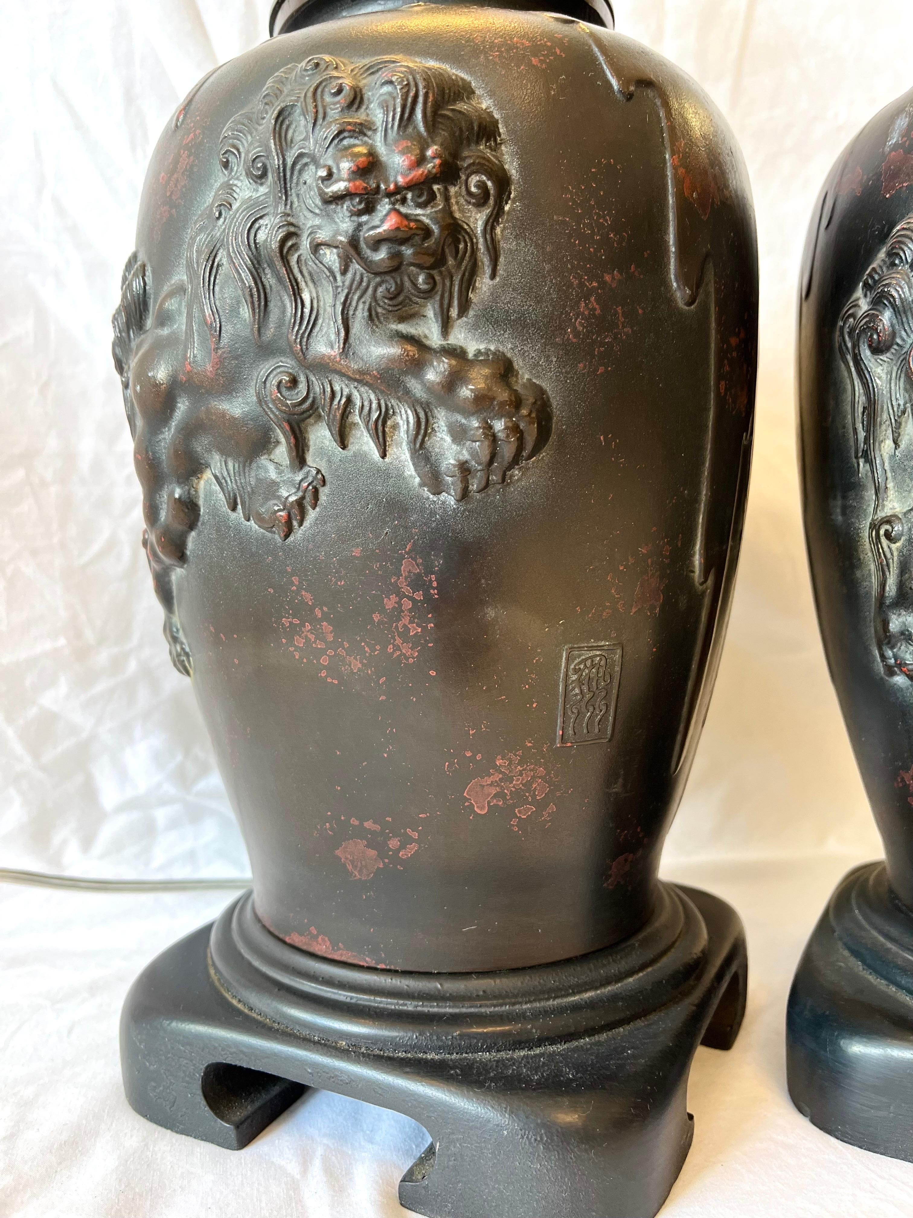 Metal Vintage Pair Bronze Finished Asian Lamps with Lionized Shih Tzus or Foo Dogs