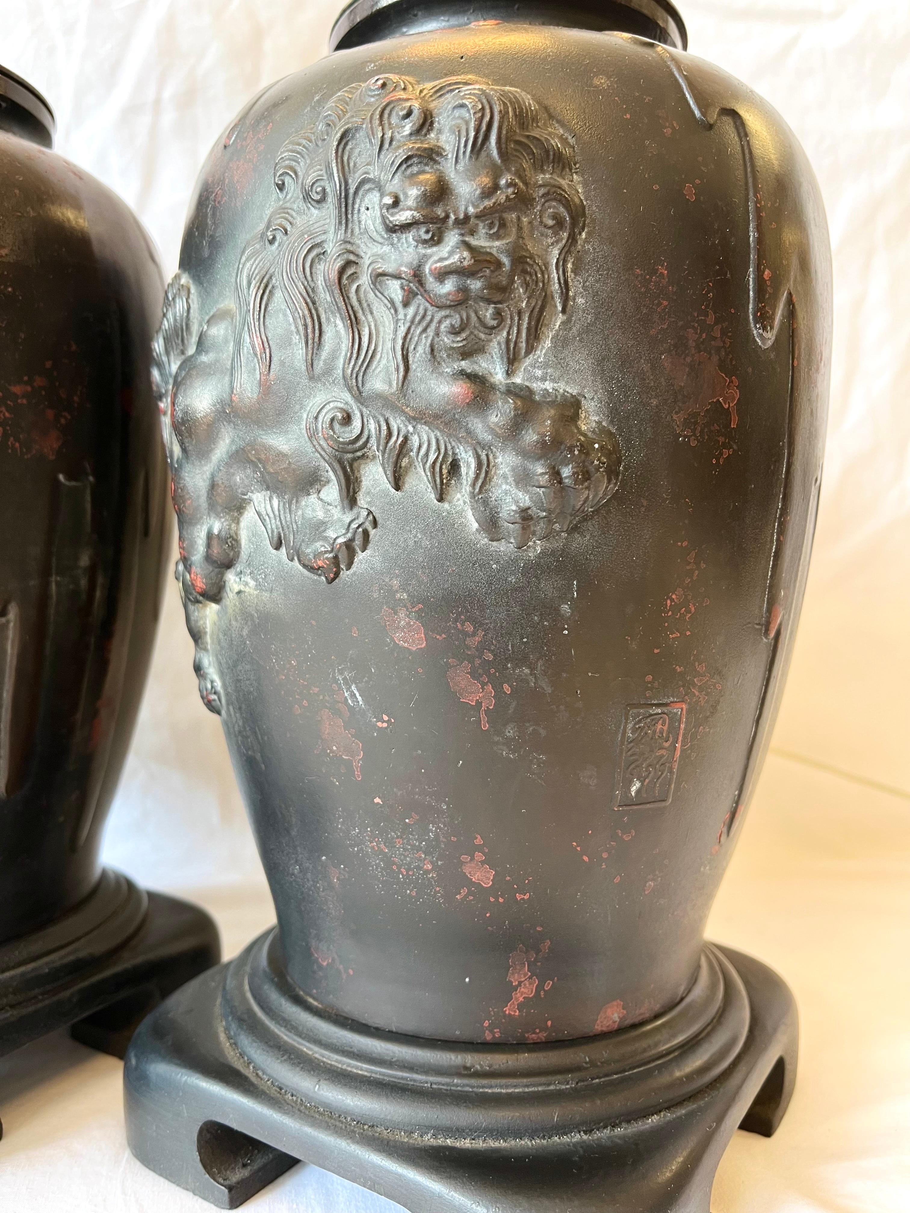 Vintage Pair Bronze Finished Asian Lamps with Lionized Shih Tzus or Foo Dogs 1