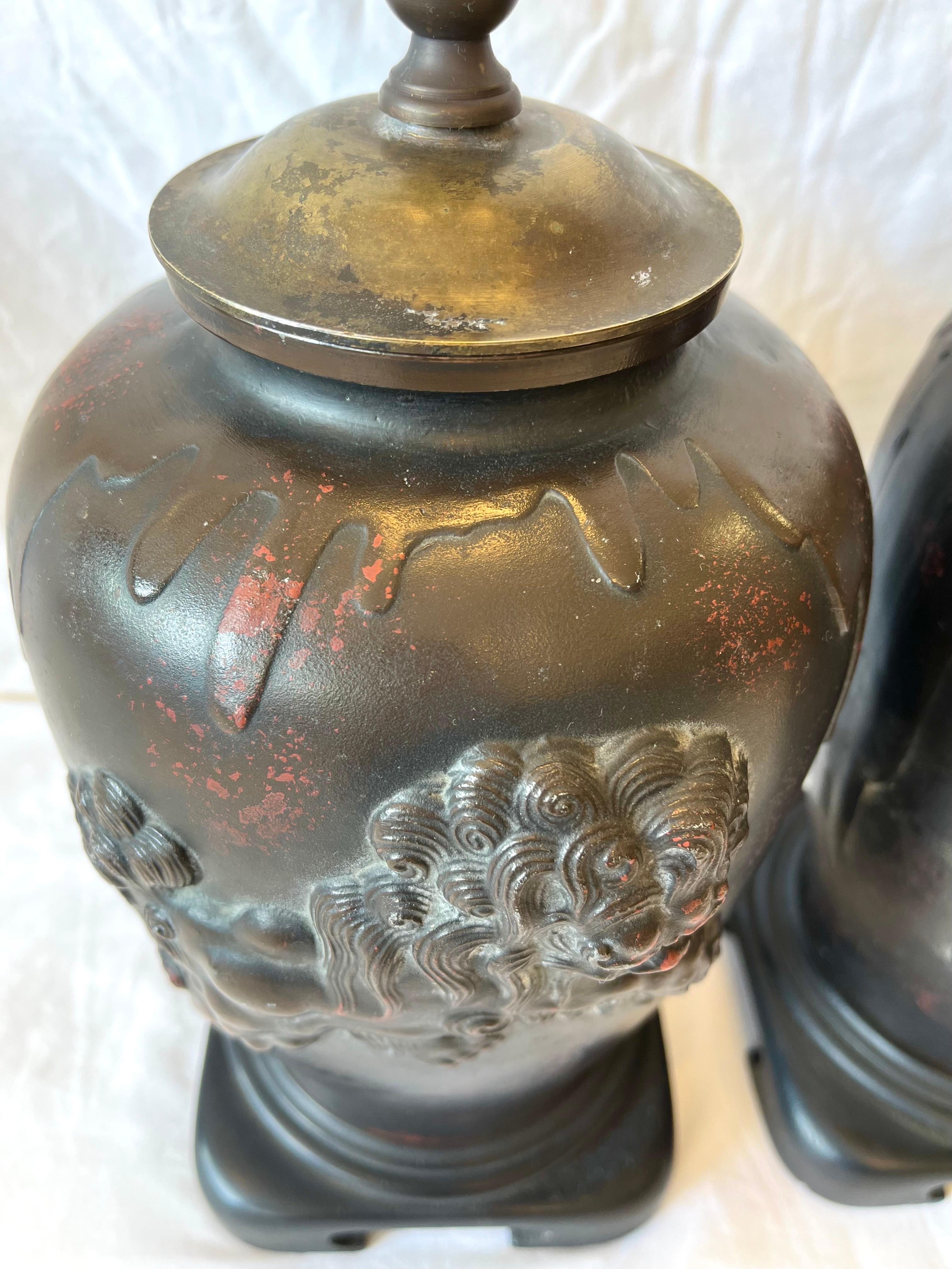 Vintage Pair Bronze Finished Asian Lamps with Lionized Shih Tzus or Foo Dogs 2