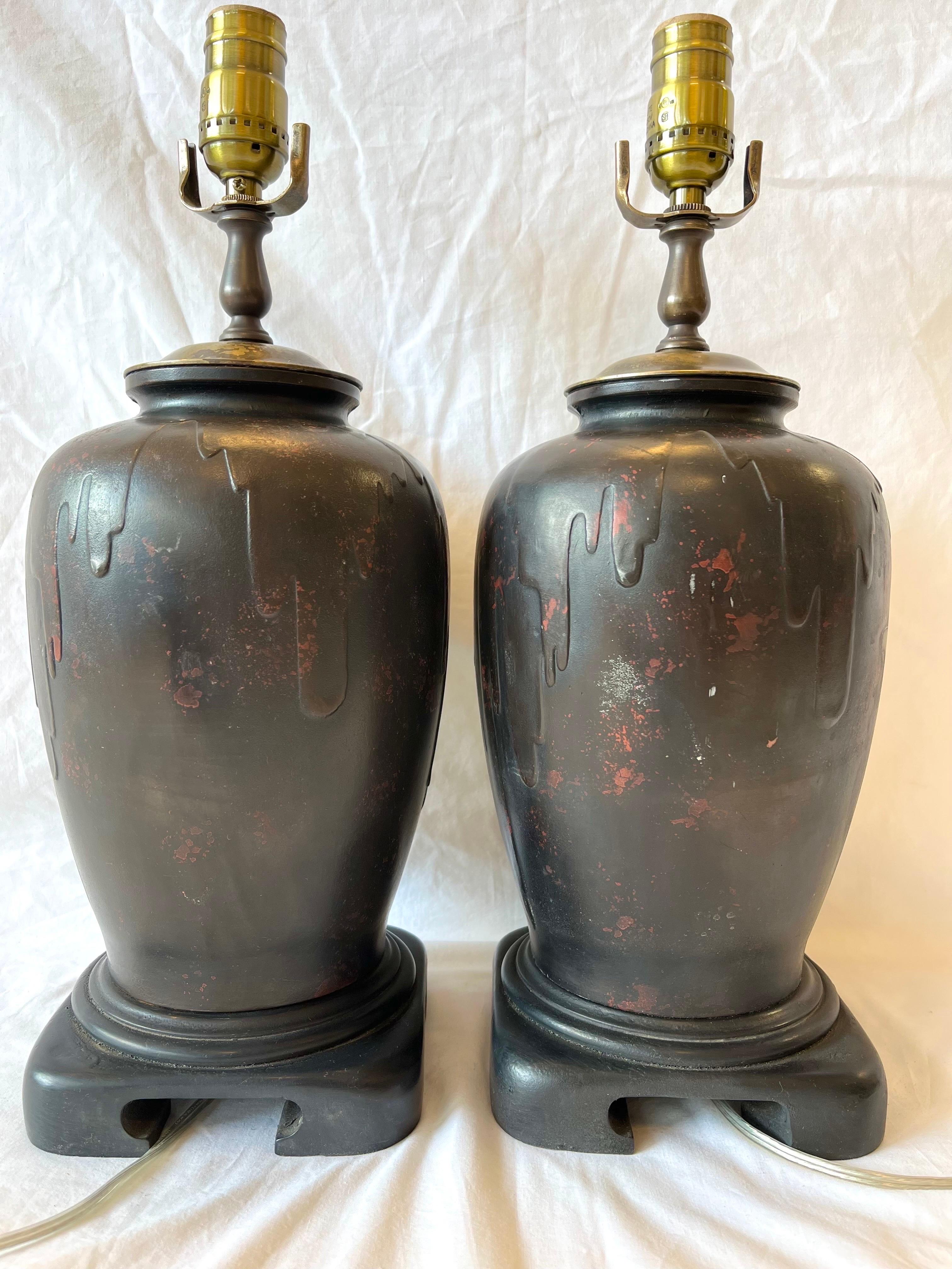 Vintage Pair Bronze Finished Asian Lamps with Lionized Shih Tzus or Foo Dogs 3