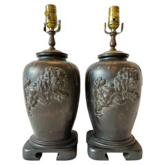 Vintage Pair Bronze Finished Asian Lamps with Lionized Shih Tzus or Foo Dogs