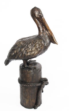 Vintage Pair of Bronze Pelicans on Mooring Posts, Late 20th Century