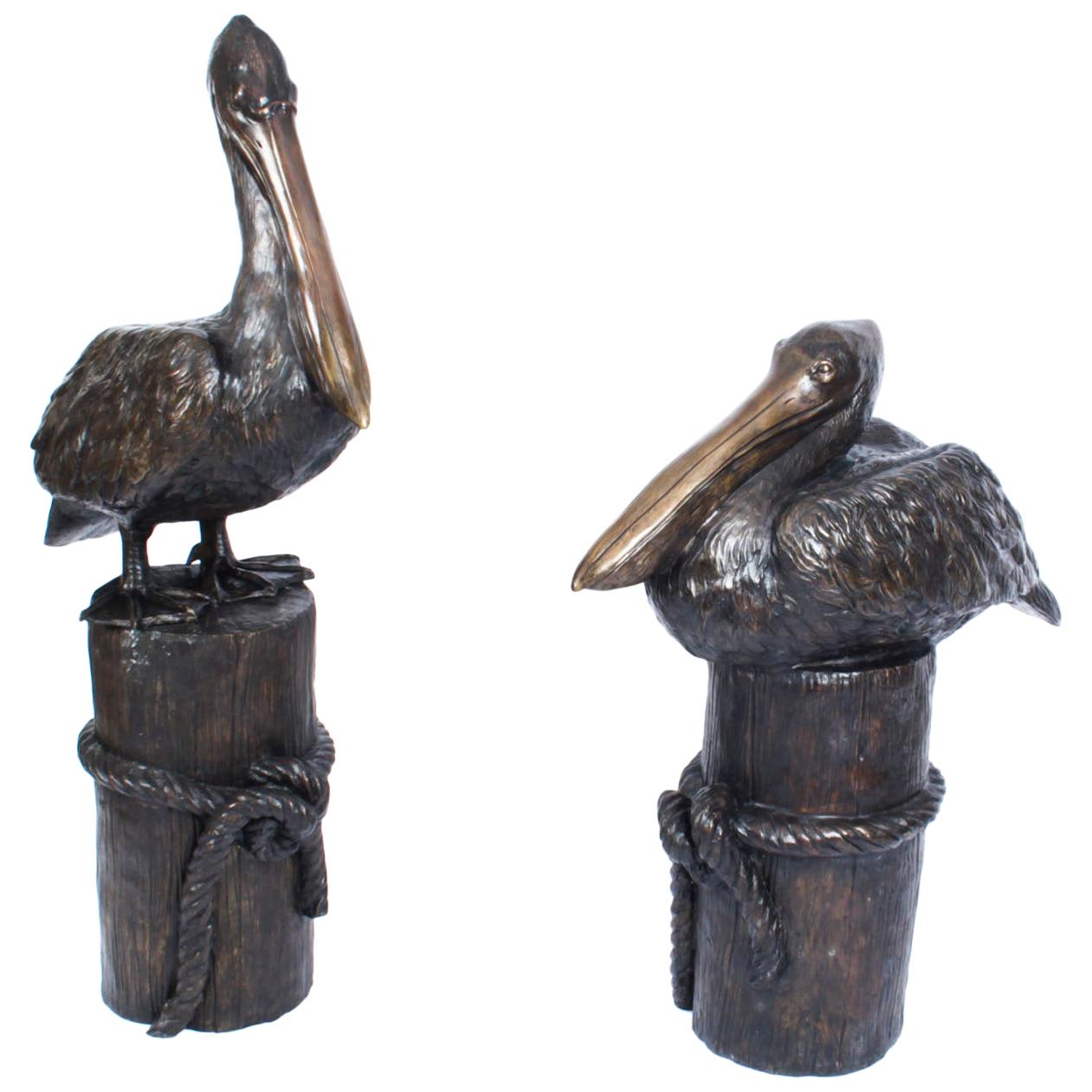 Vintage Pair of Bronze Pelicans on Mooring Posts, Late 20th Century