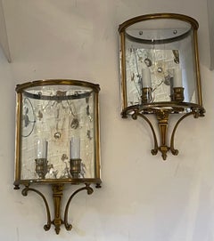 Vintage Pair of Bronze Wall Lantern Sconces Curved Glass Mirrored Back Vaughan