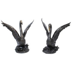 Vintage Pair of Bronze Water-Feature Fountains Swans, 20th Century