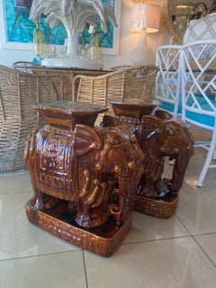 Vintage Pair Brown Glazed Elephant Garden Stands Stools Benches Drink Tables