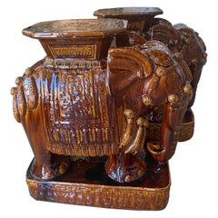 Vintage Pair Brown Glazed Elephant Garden Stands Stools Benches Drink Tables