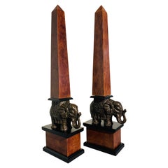 Vintage Pair of Burl Veneer Obelisk with Metal Elephants, Mid-20th Century Italy