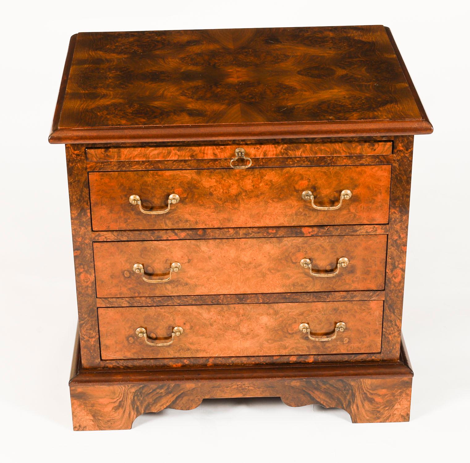 Brass Vintage Pair Burr Walnut Bedside Chests Cabinets With Slides 20th Century For Sale