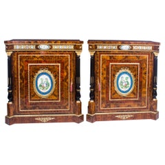 Vintage Pair Burr Walnut 
Sevres Porcelain Pier Cabinets 20th C