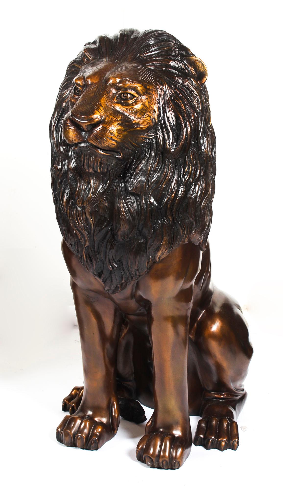 This is a very interesting patinated bronze sculpture of a pair of lions, late 20th Century in date.

They are sitting up proudly, with toned muscles and impressive manes. This signifies their masculinity and reflects their health, they are facing