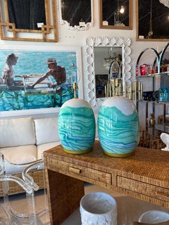 Vintage Pair Ceramic Watercolor Blue Green Modern Coastal Table Lamps Rewired