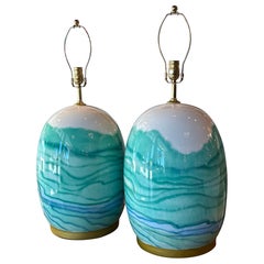 Vintage Pair Keramik Aquarell Blau Grün Modern Coastal Tischlampen Rewired