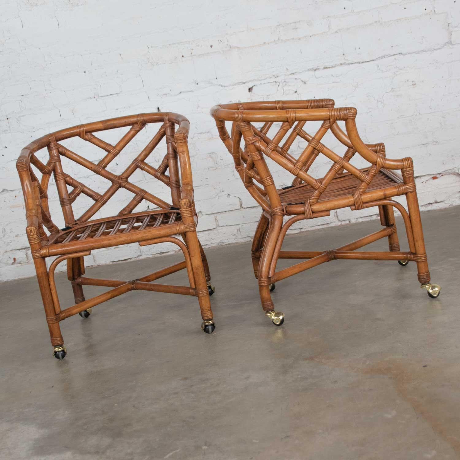 Vintage Pair Chinese Chippendale Rattan Rolling Accent Chairs Wicker Henry Link For Sale 1
