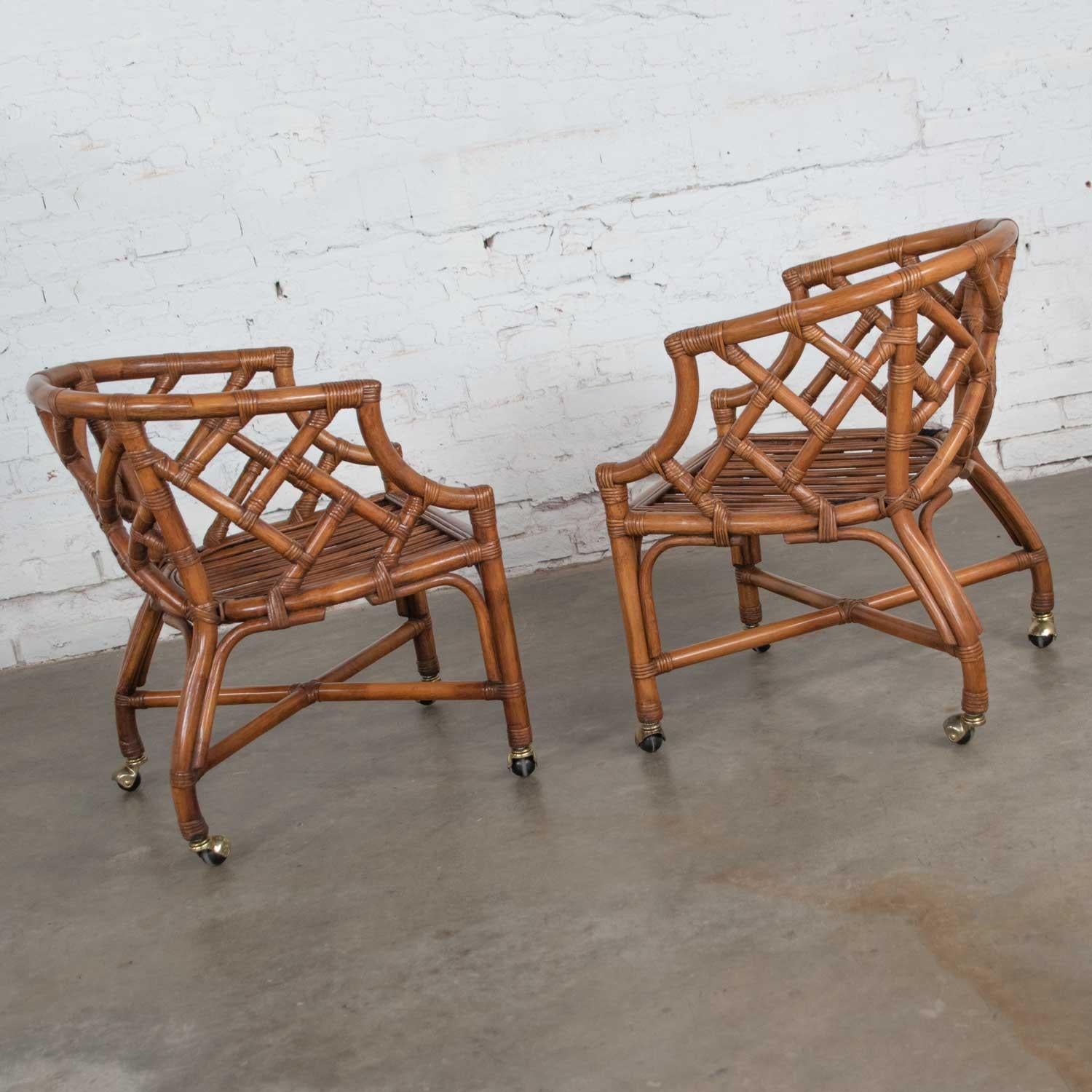 Vintage Pair Chinese Chippendale Rattan Rolling Accent Chairs Wicker Henry Link For Sale 2