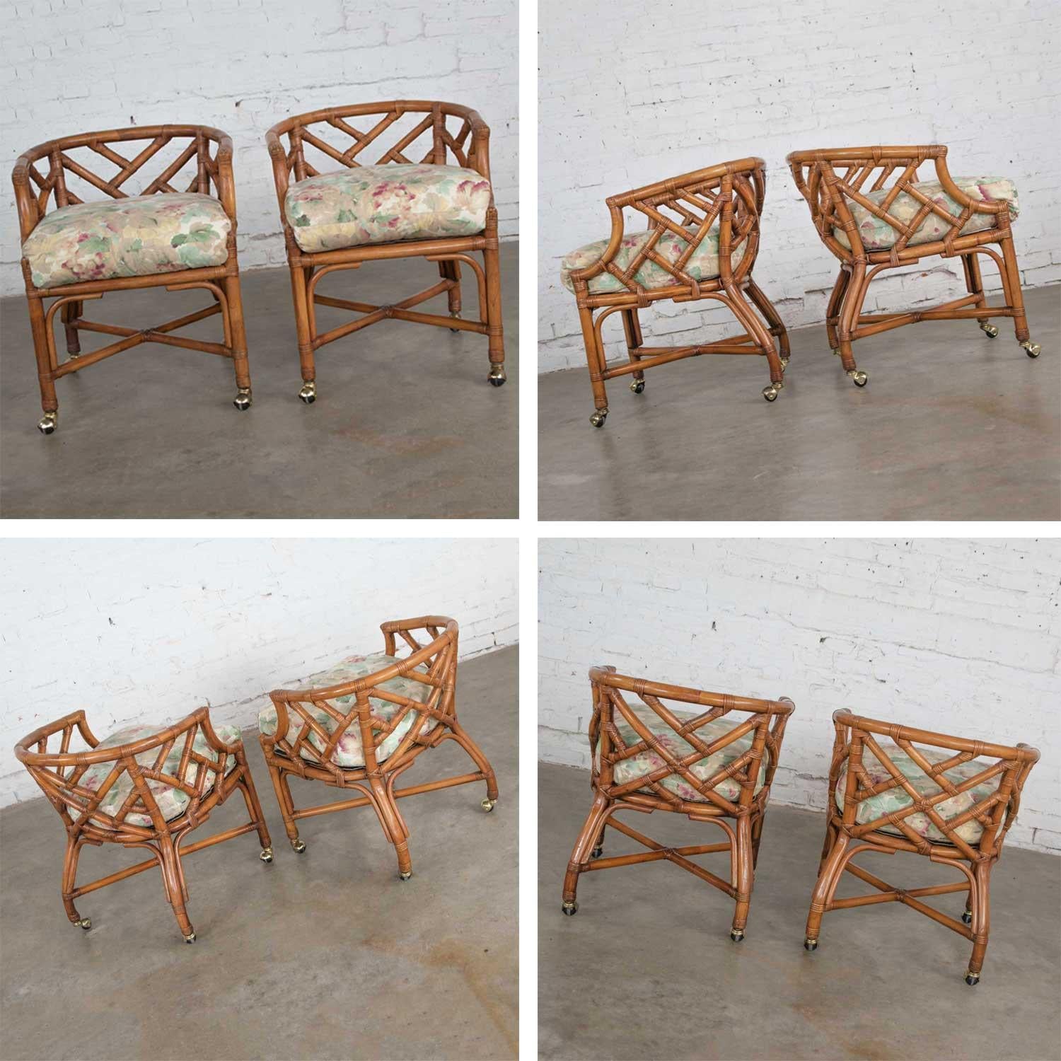 Vintage Pair Chinese Chippendale Rattan Rolling Accent Chairs Wicker Henry Link For Sale 4