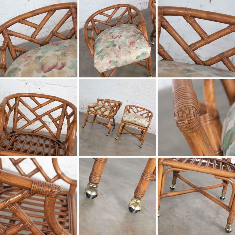 Vintage Pair Chinese Chippendale Rattan Rolling Accent Chairs Wicker Henry Link For Sale at