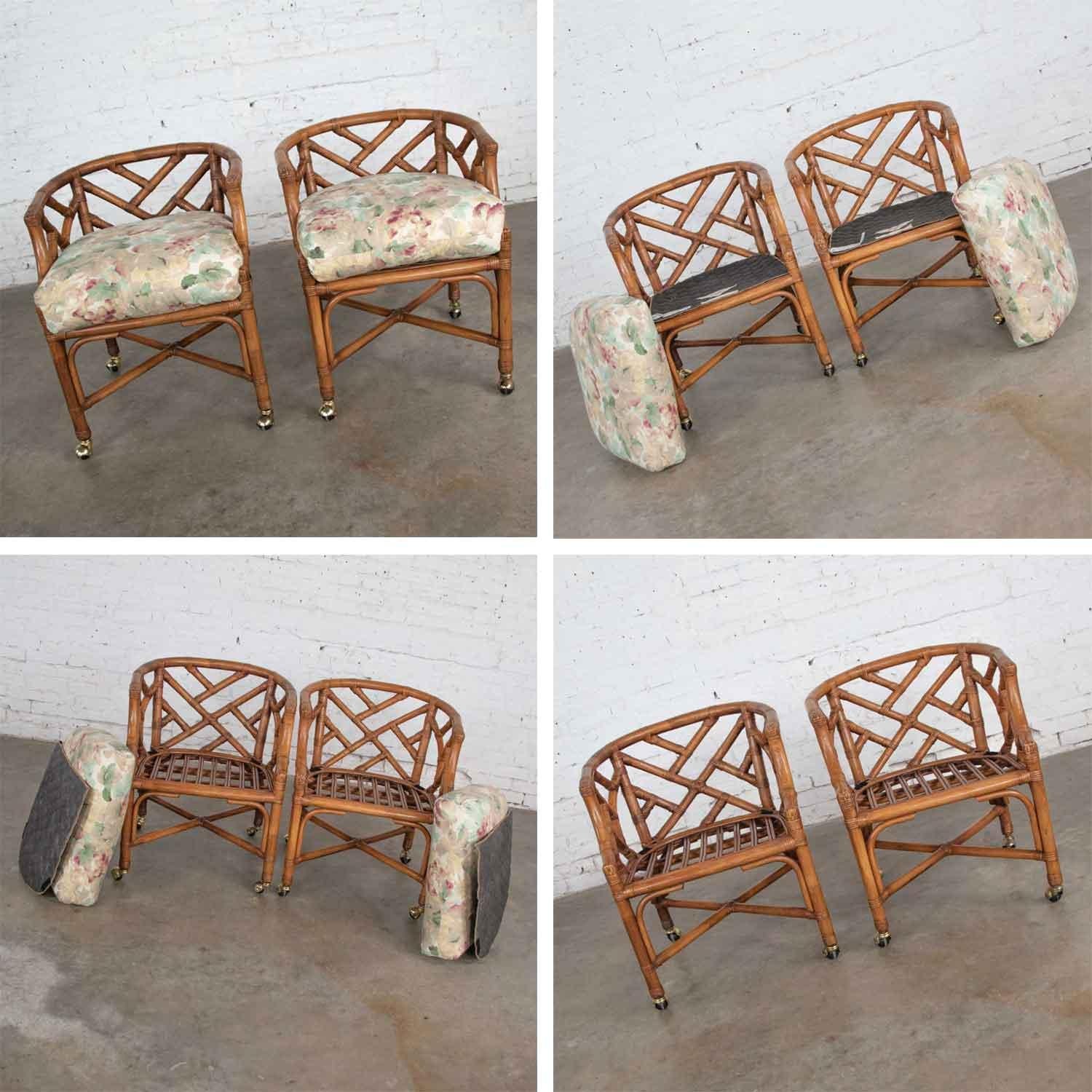Vintage Pair Chinese Chippendale Rattan Rolling Accent Chairs Wicker Henry Link For Sale 6