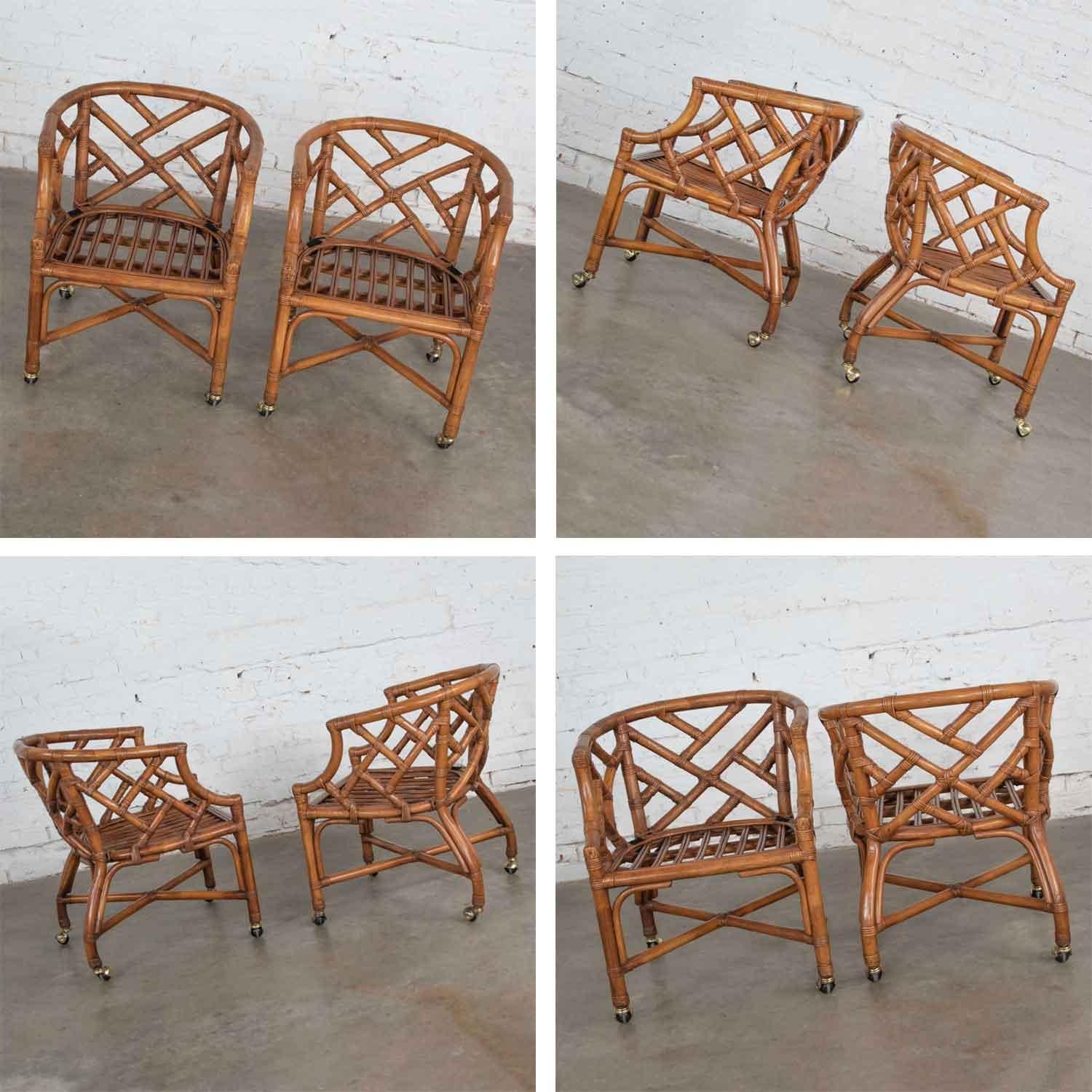 Vintage Pair Chinese Chippendale Rattan Rolling Accent Chairs Wicker Henry Link For Sale 7