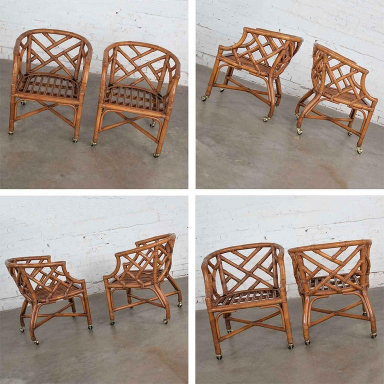 Vintage Pair Chinese Chippendale Rattan Rolling Accent Chairs Wicker