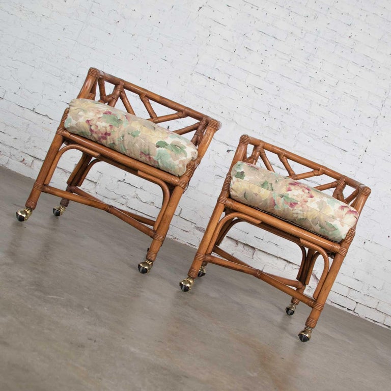 Vintage Pair Chinese Chippendale Rattan Rolling Accent Chairs Wicker