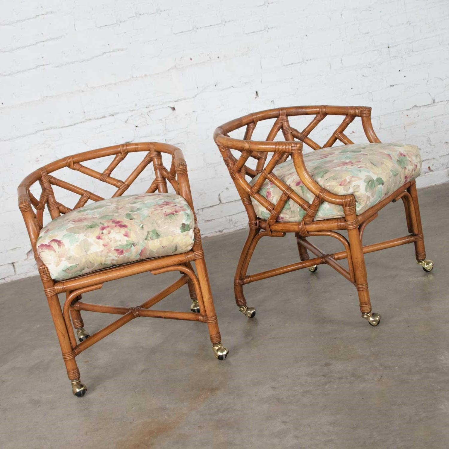 American Vintage Pair Chinese Chippendale Rattan Rolling Accent Chairs Wicker Henry Link For Sale