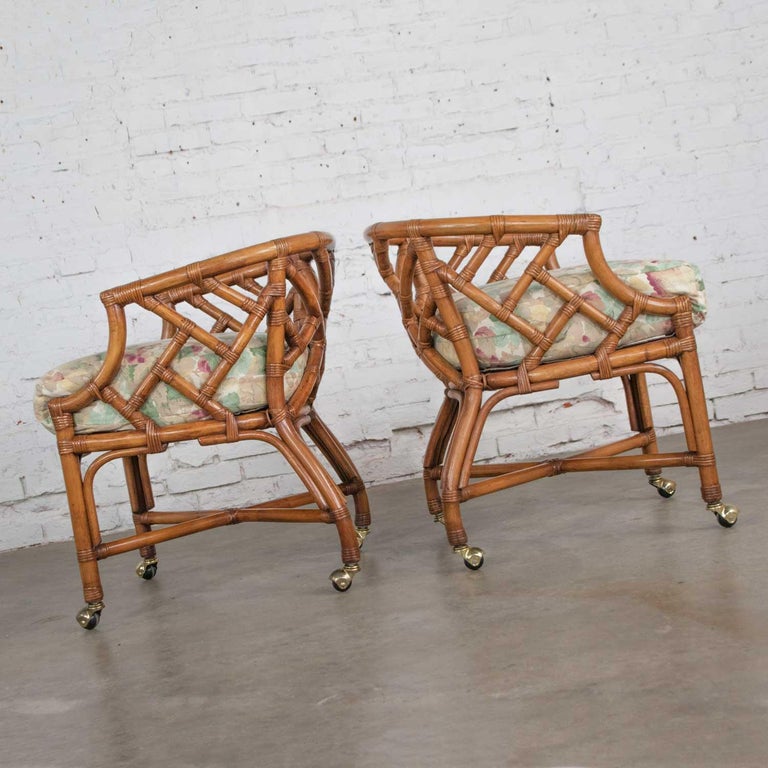 Vintage Pair Chinese Chippendale Rattan Rolling Accent Chairs Wicker