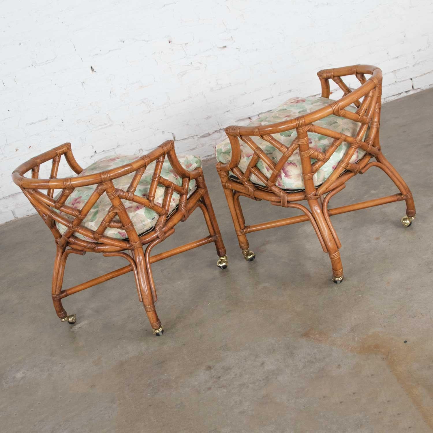 20th Century Vintage Pair Chinese Chippendale Rattan Rolling Accent Chairs Wicker Henry Link For Sale