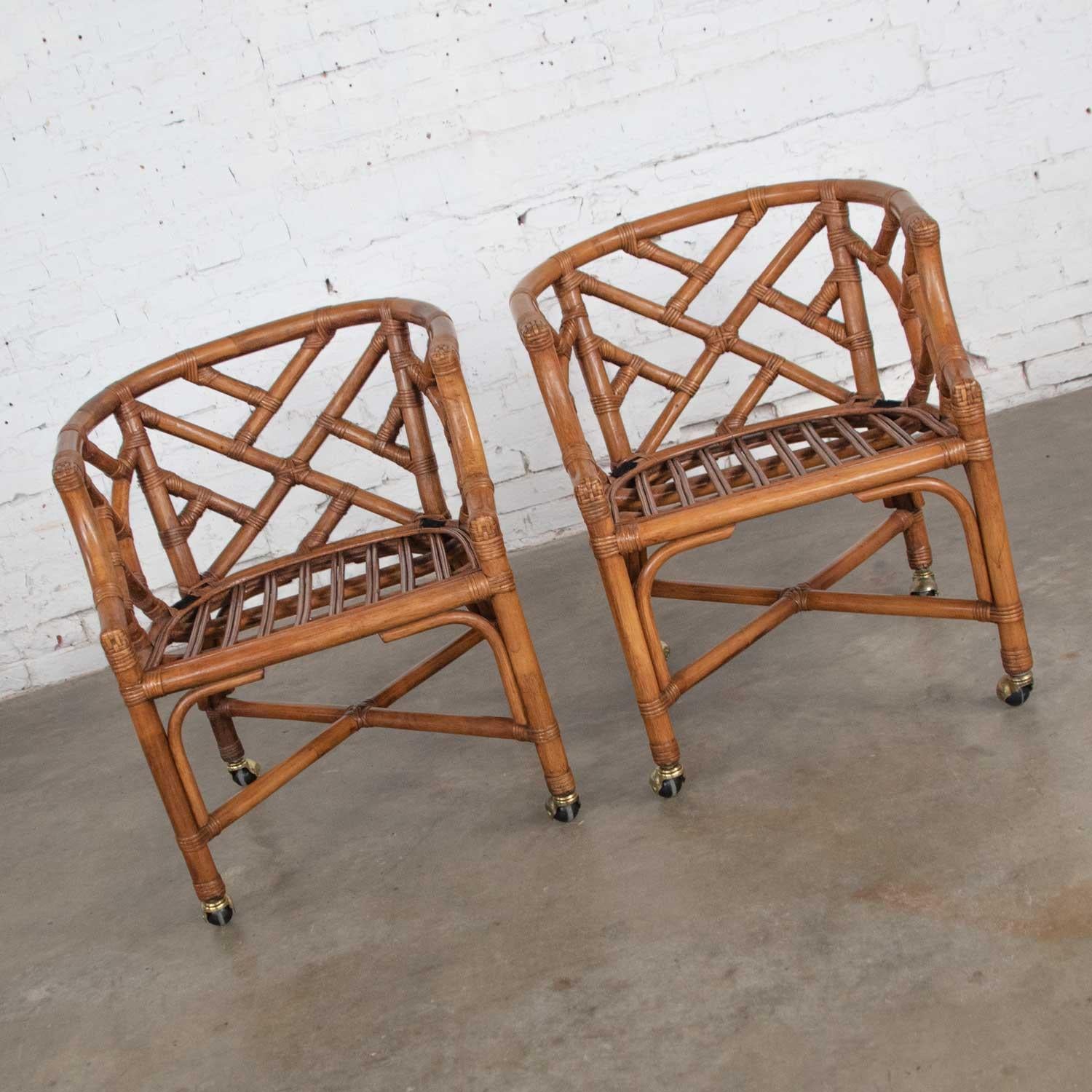 Fabric Vintage Pair Chinese Chippendale Rattan Rolling Accent Chairs Wicker Henry Link For Sale