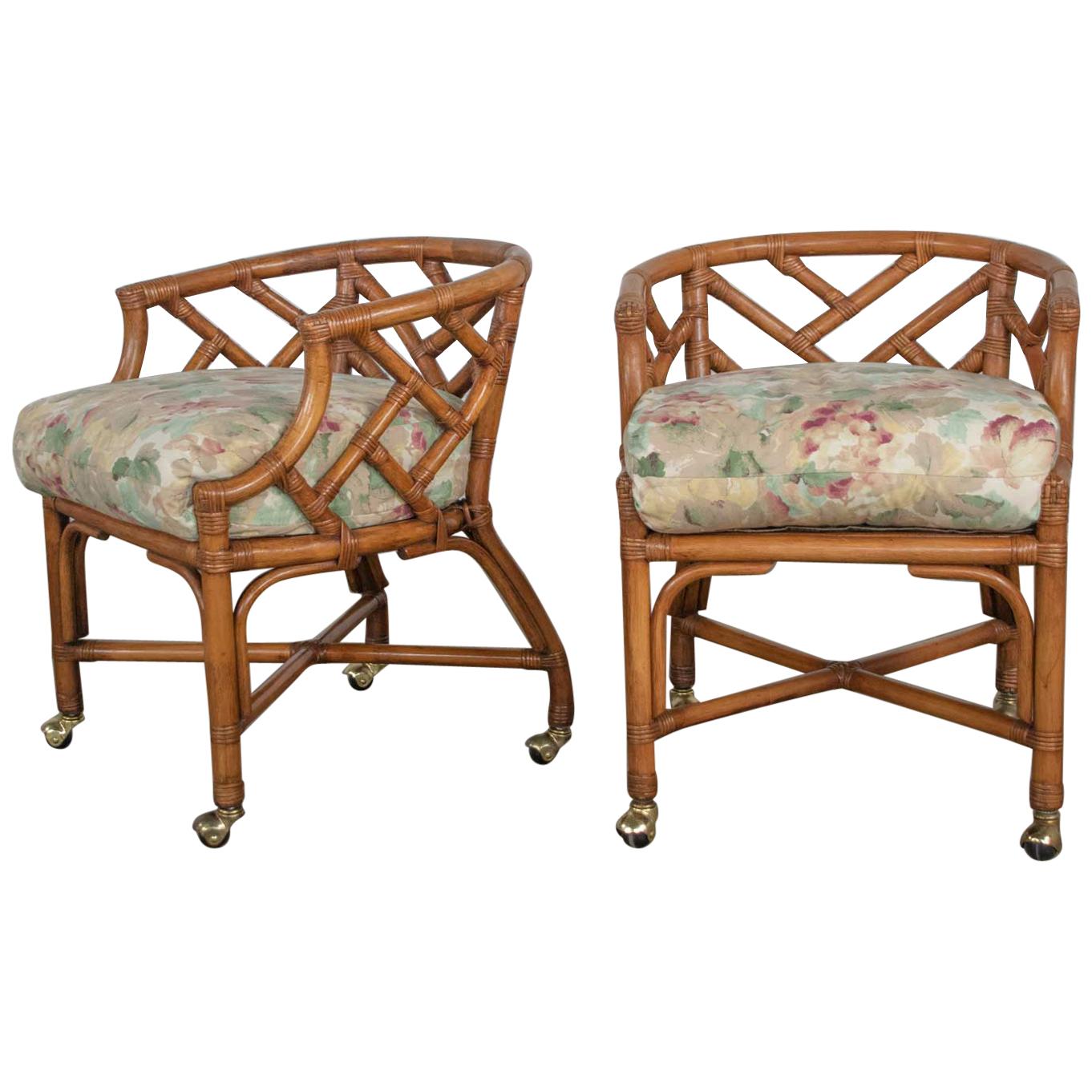 Vintage Pair Chinese Chippendale Rattan Rolling Accent Chairs Wicker Henry Link For Sale