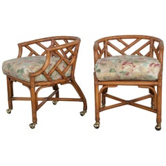 Vintage Pair Chinese Chippendale Rattan Rolling Accent Chairs Wicker Henry Link