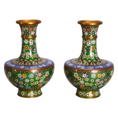 Vintage Pair of Chinese Cloisonne Floral Enameled Vases, 20th Century