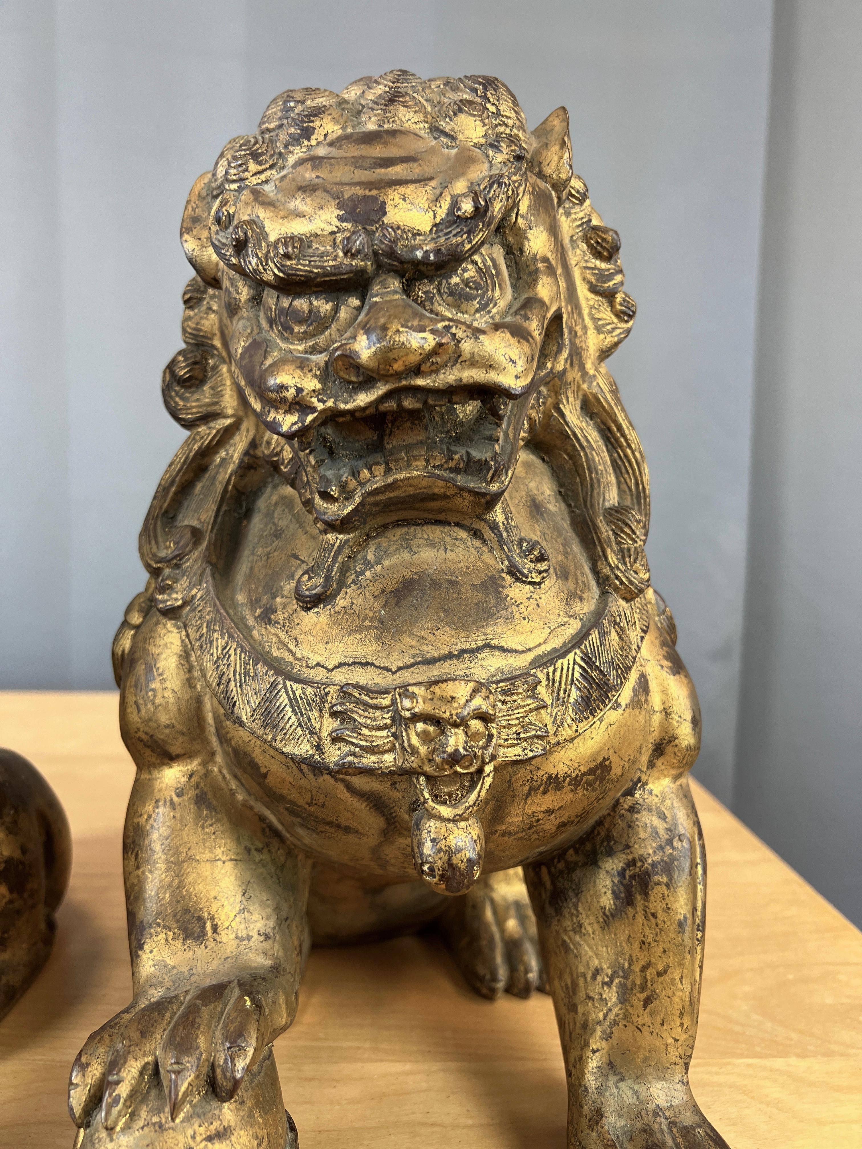 Vintage Pair Chinese Gilt Carved Wood Foo Dog / Guardian Lions Figurines For Sale 3