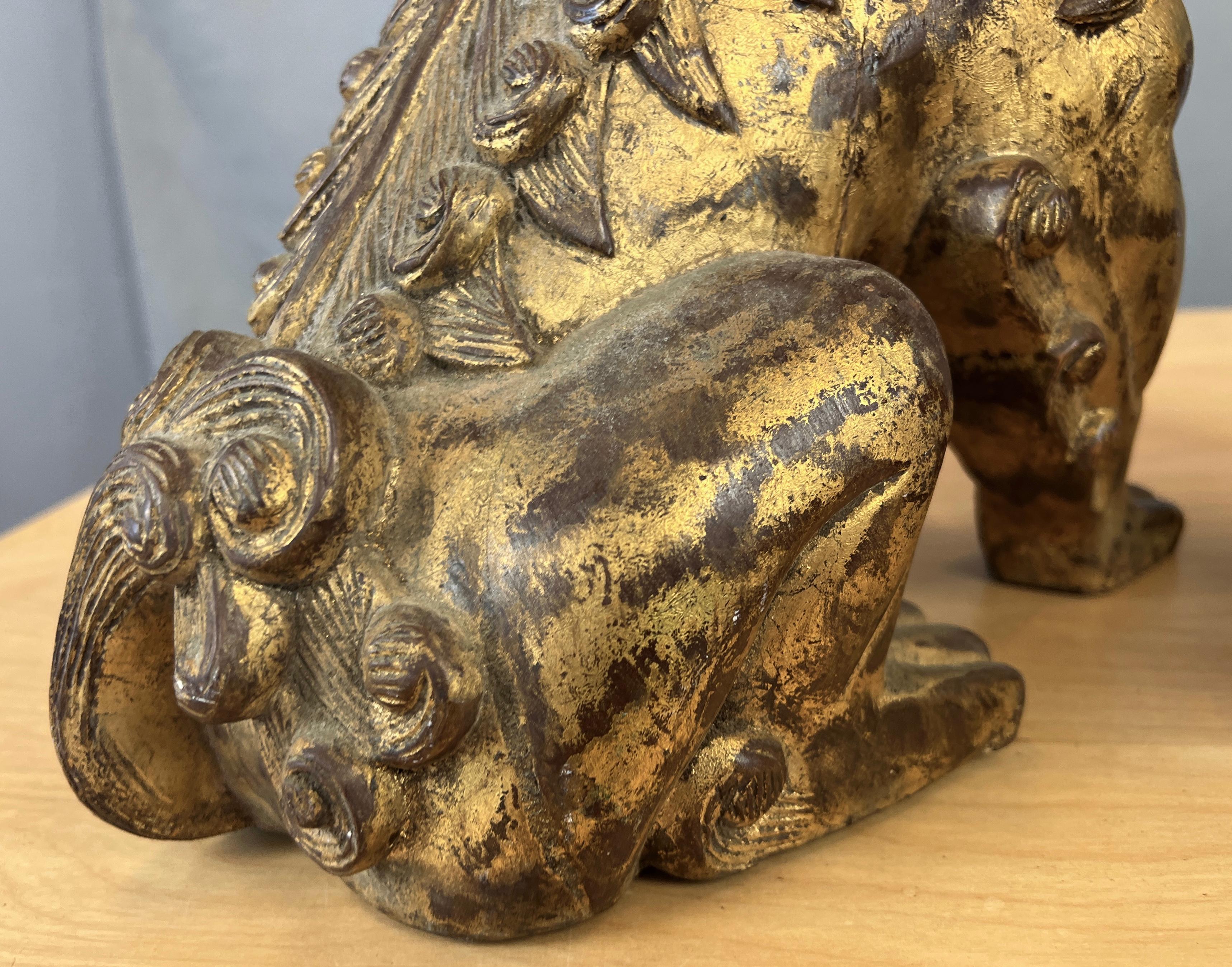 Vintage Pair Chinese Gilt Carved Wood Foo Dog / Guardian Lions Figurines For Sale 6