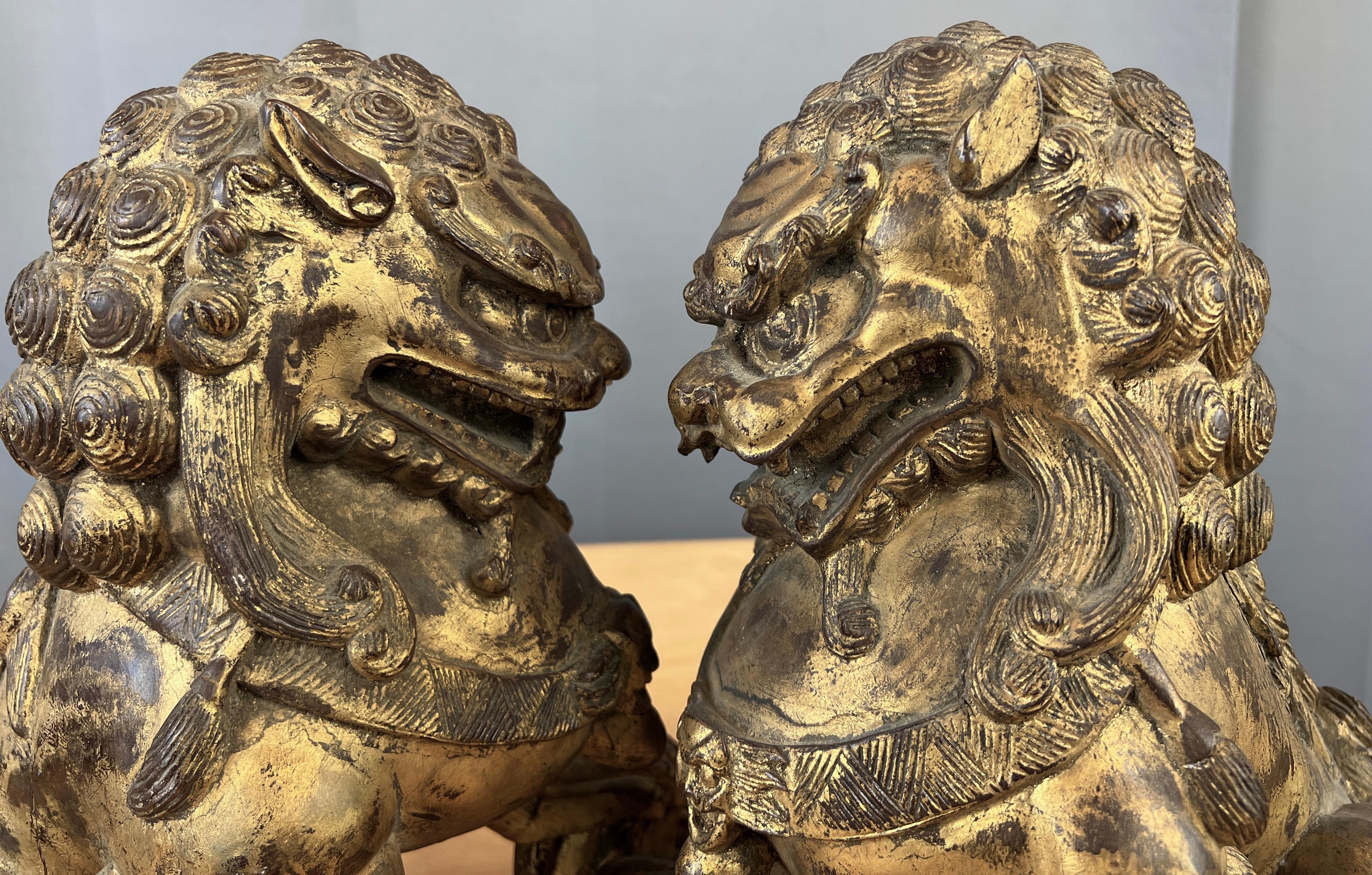 Vintage Pair Chinese Gilt Carved Wood Foo Dog / Guardian Lions Figurines For Sale 9