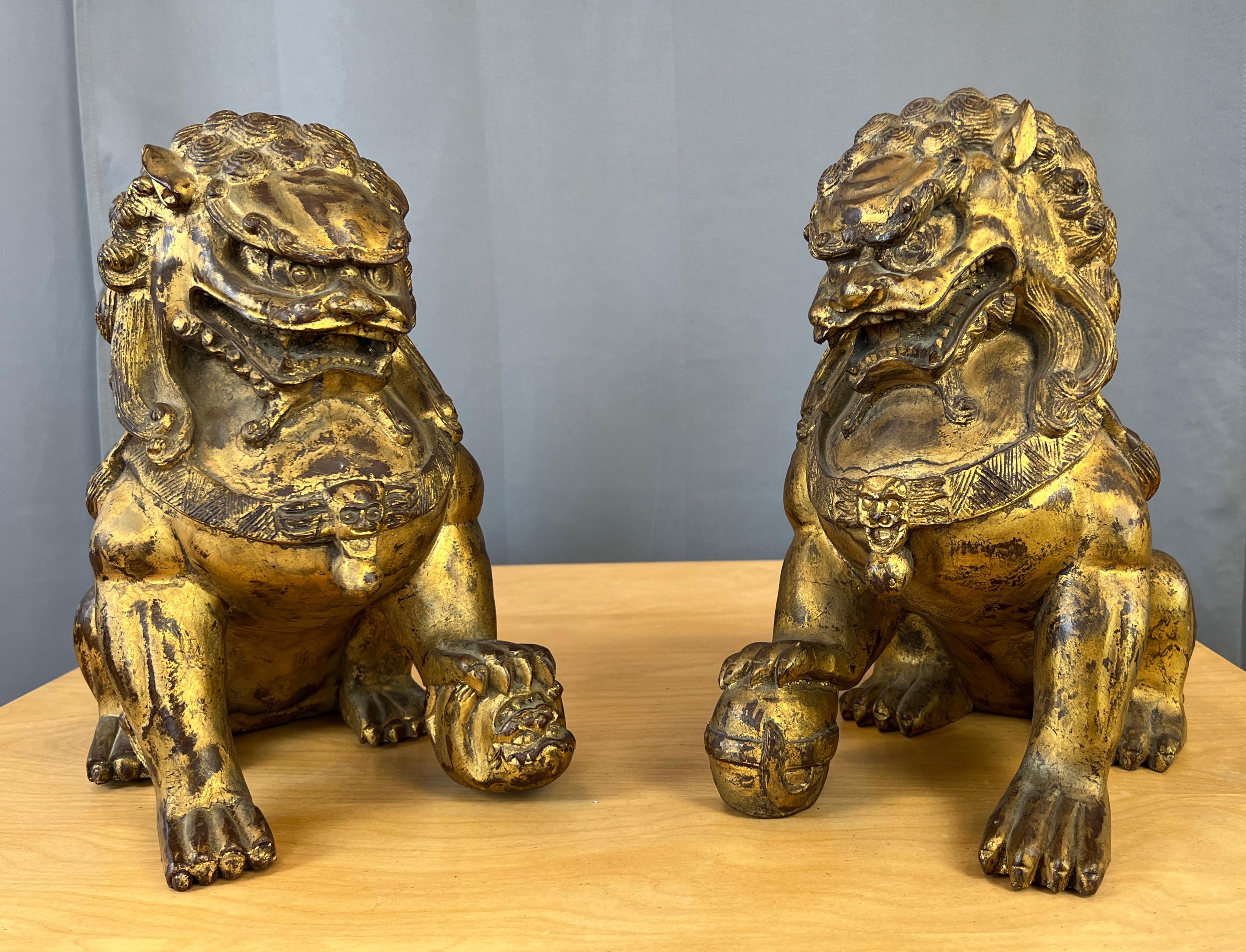 Angeboten wird ein Paar vergoldete und geschnitzte chinesische Foo Dog/Guardian Lions Figuren
Wunderbare Handwerkskunst mit der Hand schnitzen, dass in diesem Paar gegangen ist, von den Pfoten Schritt auf einem umgedrehten kleinen Monster auf