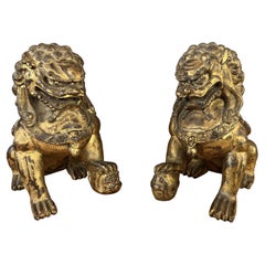 Vintage Pair Chinese Gilt Carved Wood Foo Dog / Guardian Lions Figurines