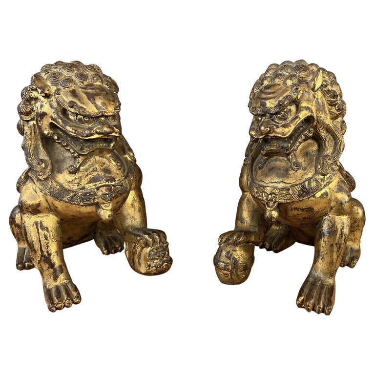 Vintage Pair Chinese Gilt Carved Wood Foo Dog / Guardian Lions